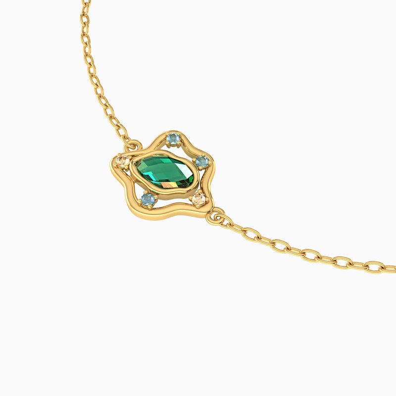 Miss L' by L'azurde Flower Green Stones Chain Bracelet in 14K Gold - Image 3